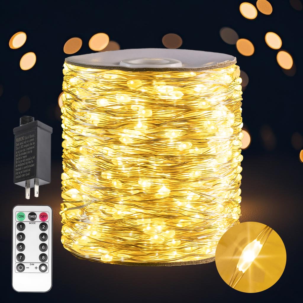 PCORES Warm White 100Ft Plug in Fairy Lights Silver Wire 300 LEDs, 8 Modes, Waterproof, Remote - Controlled for Bedroom, Garden, Party, Christmas,