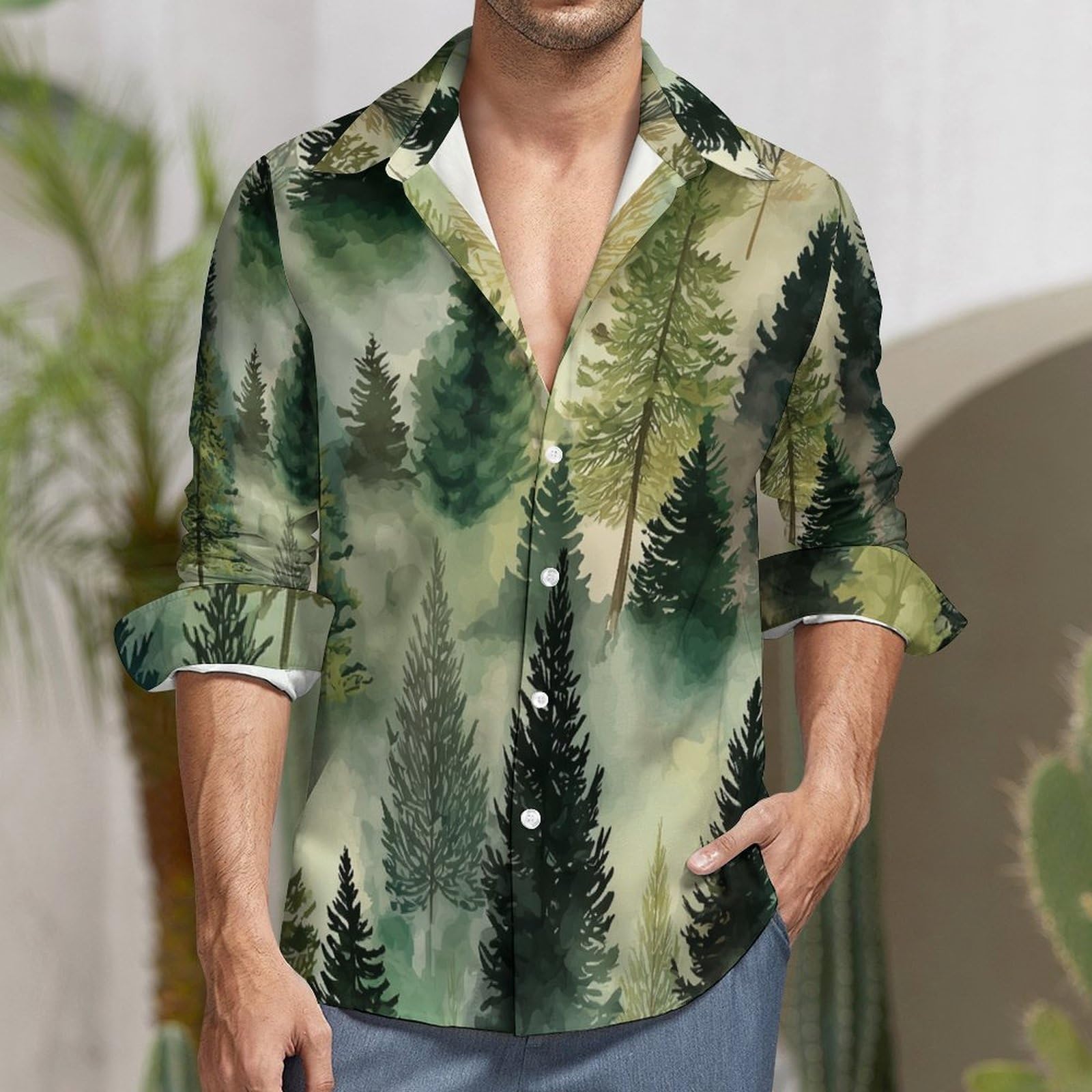 Camisa de Lino Verde para Hombre - Camisas de Manga Larga Casual Verano Camisa Bosque De Pinos En Acuarela con Botones Camisas Ajuste Regular Ropa de Playa Vacaciones Trabajo