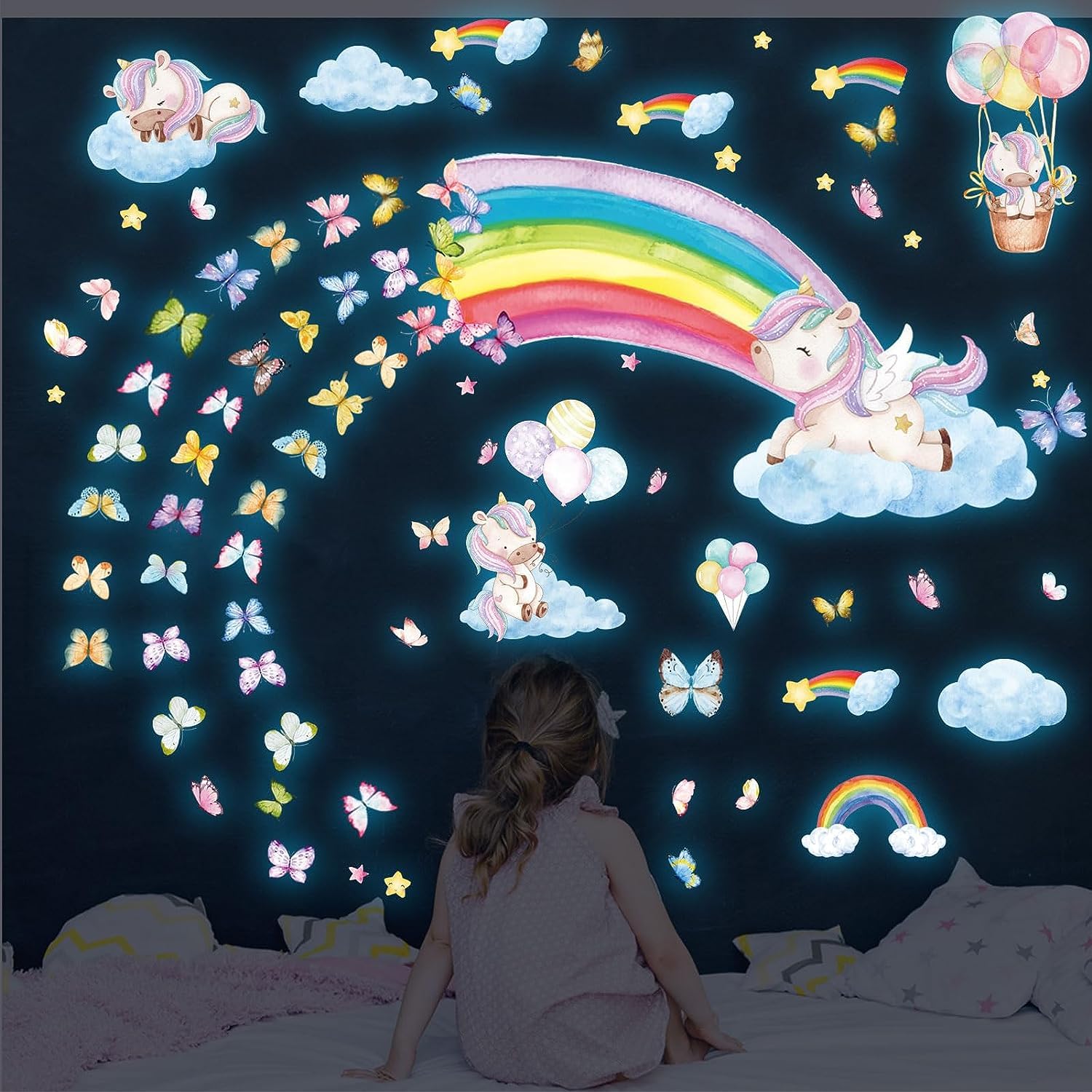 Unicornio Pegatinas de Pared Luminosas Unicornio Estrellas Arcoíris Fluorescentes Pegatinas Pared para Techo Decoración Dormitorio Infantil Niña Fluorescente Adhesivos Azul