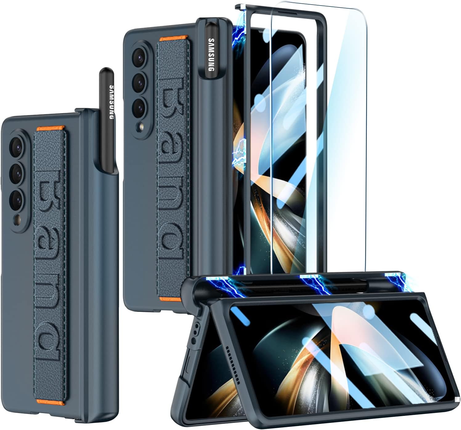 for Samsung Galaxy Z Fold 4 Case with Wrist Strap & Screen Protector & S Pen Slot,Magnetic Hinge Protective Bumper Case Ultra Slim Shockproof Anti-Scratch for Samsung Z Fold 4 5G(Black)