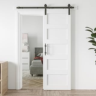 COSHOMER 28in x 84in Sliding Barn Door with 5ft Barn Door Hardware Kit & Handle, Pre-Drilled Holes Easy Assembly -Solid Barn Door Slab Covered with Water-Proof PVC Surface, White, 5 Panel