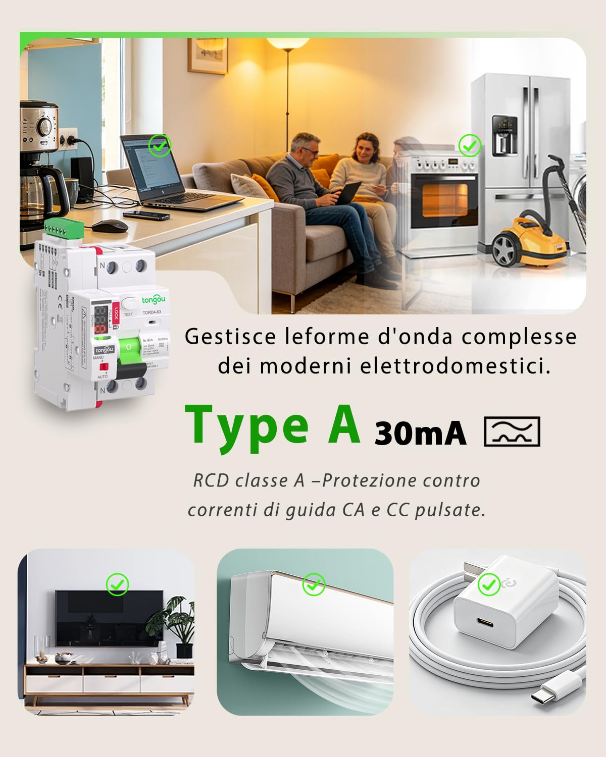 TONGOU Salvavita a Riarmo Automatico Tipo A 30mA con Display Digitali a Conto alla Rovescia - Interruttore Differenziale Riarmo Automatico 40A 230V - 3 Moduli