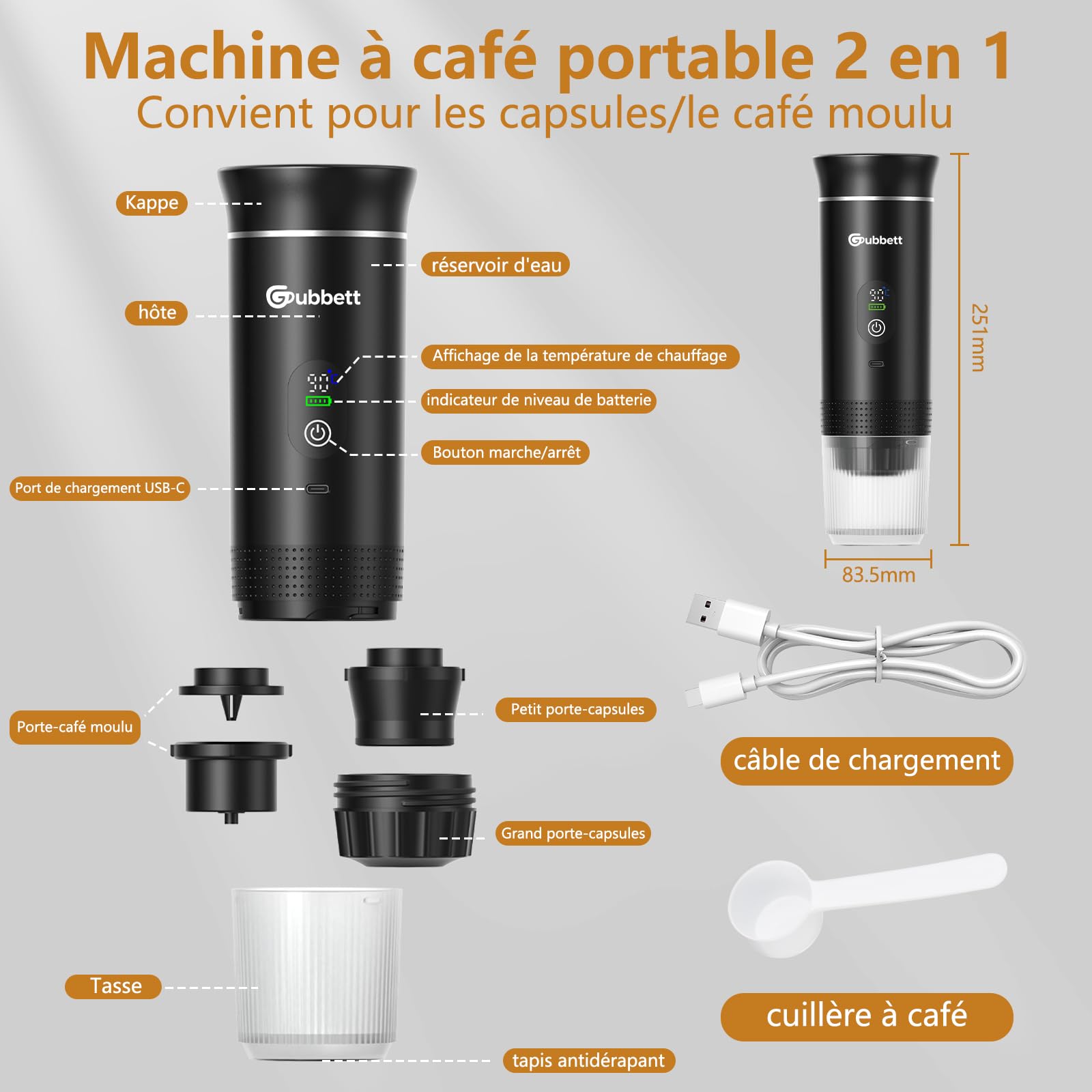 Machine à Cafe Portable, Convient pour Maison, Pour Voyage,Camping,Voiture | Compatible avec les NS/DG Capsules Espresso et Poudre de Café, 20Bar, Auto-Chauffage de 4 à 6 Minutes, Rechargeable