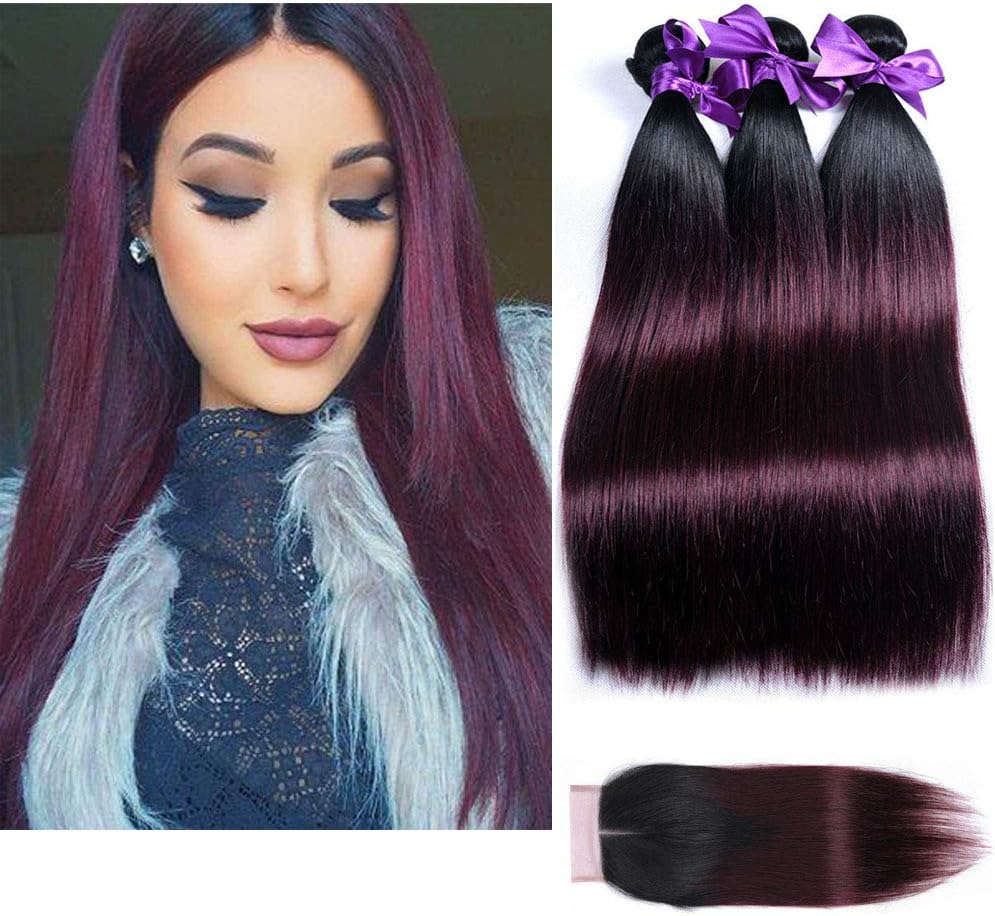 10A Ombre Burgundy Hair Bundles With Closure 99j Ombre Brazilian Human Hair Weave Red Wine Ombre Straight Virgin Hair With Lace Closure Middle Part (18 20 22+16)
