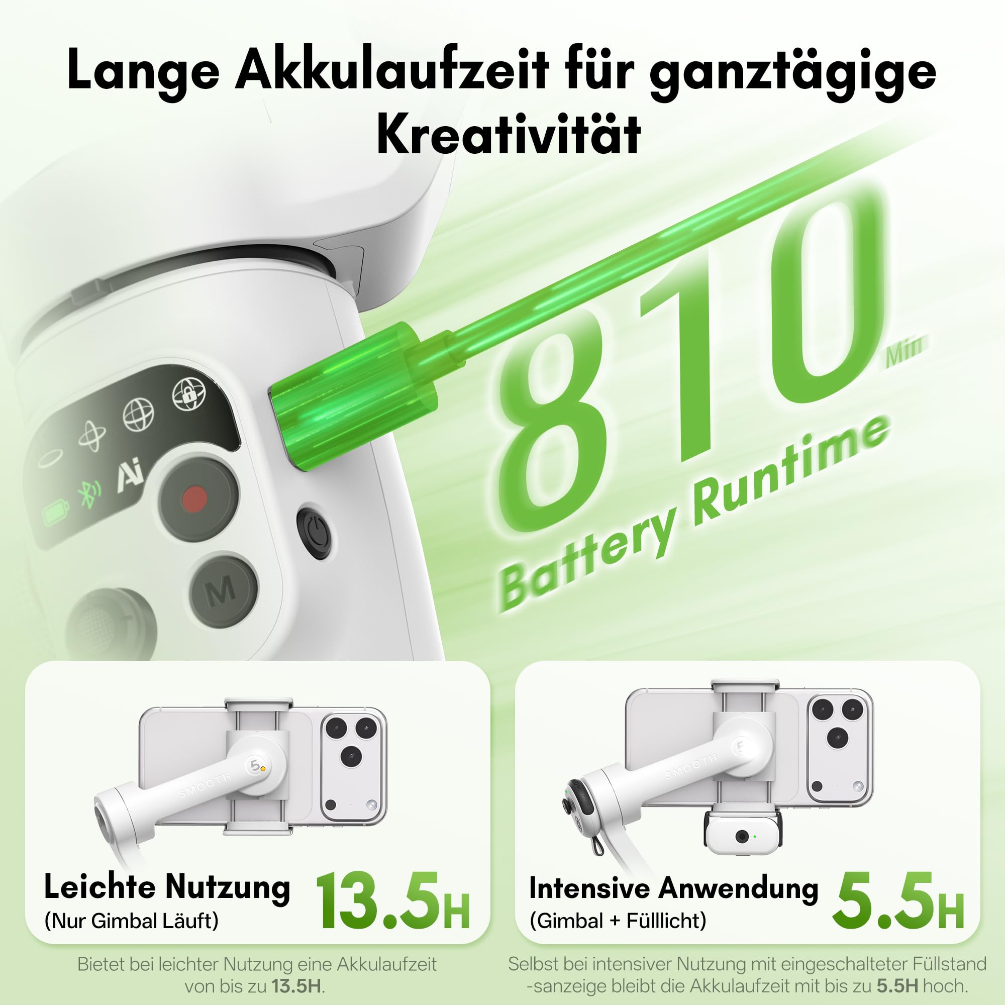 ZHIYUN Smooth Q5 Ultra [Offiziell] Gimbal-Stabilisator für Smartphone, Integriertes Aufhelllicht/Verlängerungsstange/Stativ, 13.5H Akkulaufzeit, Tragbar und Faltbar,3-Achsen-Gimbal für YouTube, TikTok