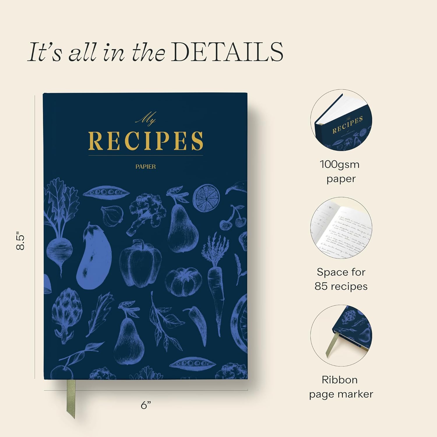 Papier Recipe Journal - Harvest, Navy, 8.46" L x 6.02" W, Hardback | Preserve Family Traditions | Silk Finish | Well Organised and Durable | Space for Cooking Hints & Tips
