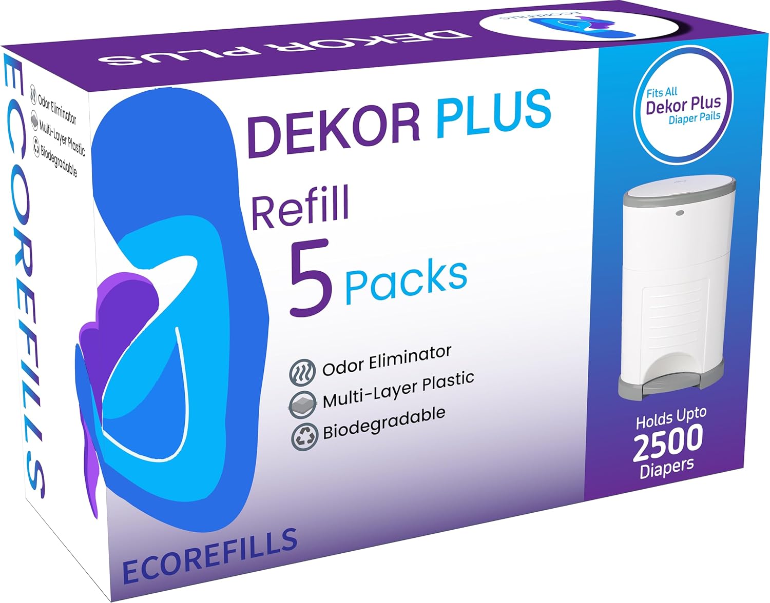 ECO-REFILLS Diaper Pail Refills - Fits Dekor PLUS Extra Thick, Powerful Odor Elimination & Fresh Powder Scent | Easy to Replace and Dispose of Diaper Bag 9 Count (Pack of 1)