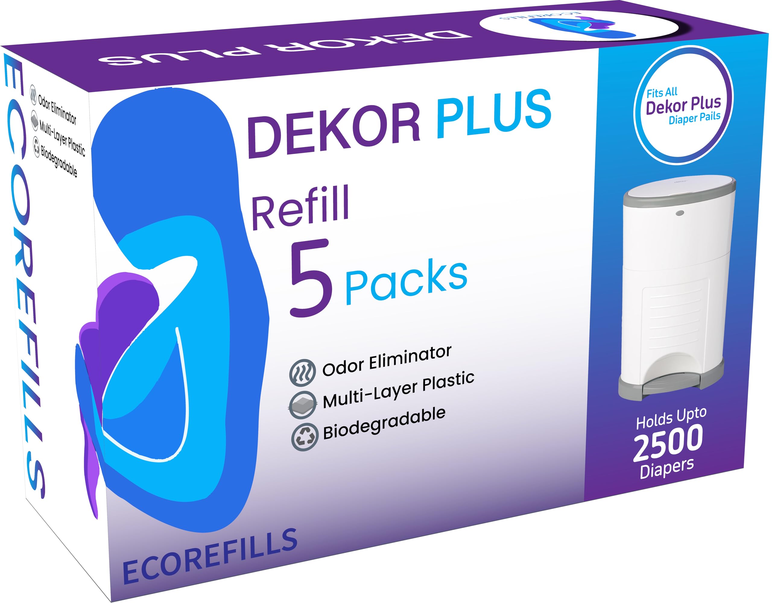 Paquete de 5 forros de recambio de pañales para cubos de pañales DEKOR PLUS con 30% de grosor extra con potente eliminación de olores a prueba de fugas, aroma a polvo con capacidad para hasta 2500