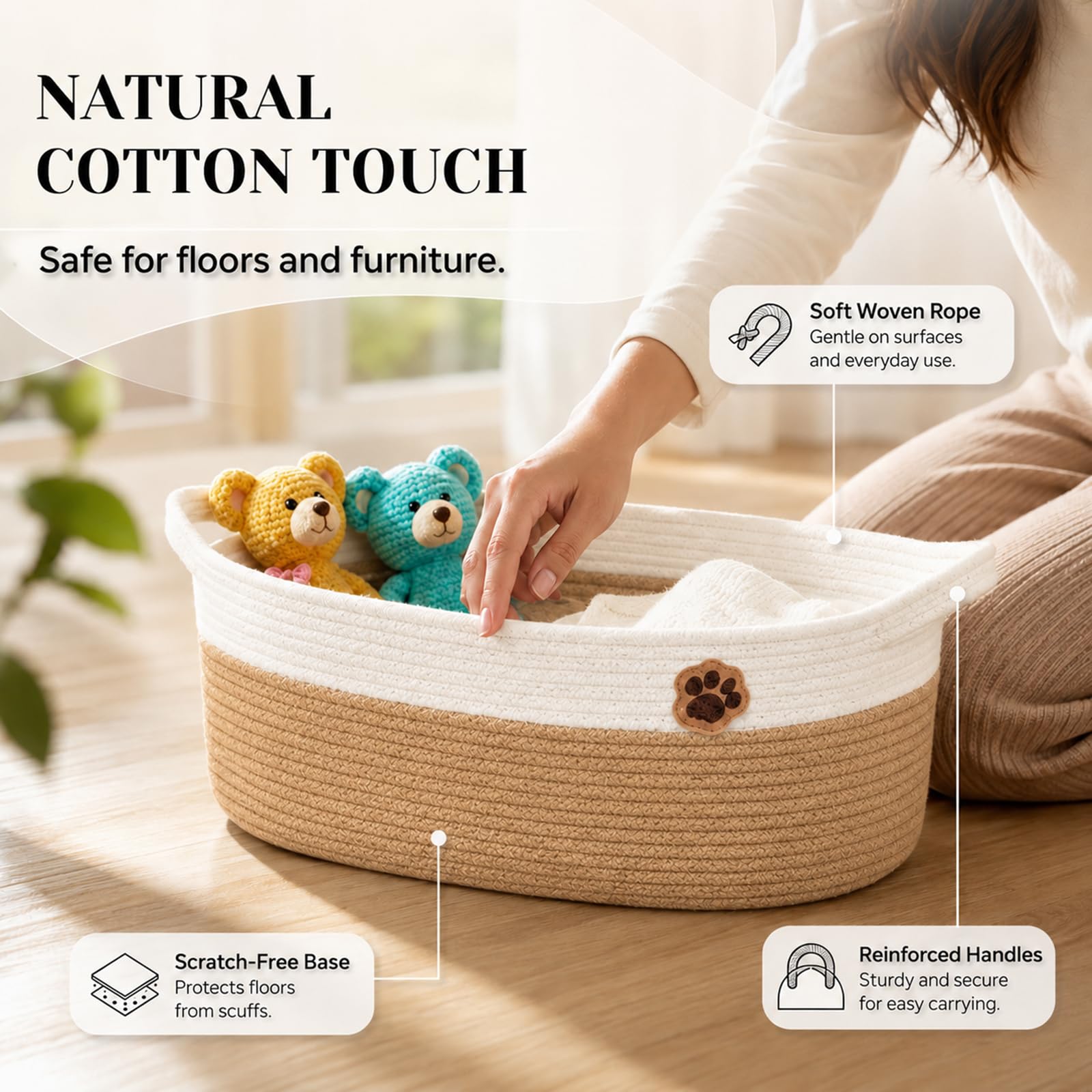 Cesto Intrecciato da 30L, Organizer per Accessori Cane, Vestiti, Coperte e Casa, Contenitore in Tessuto con Manici 50×20×28 cm Marrone