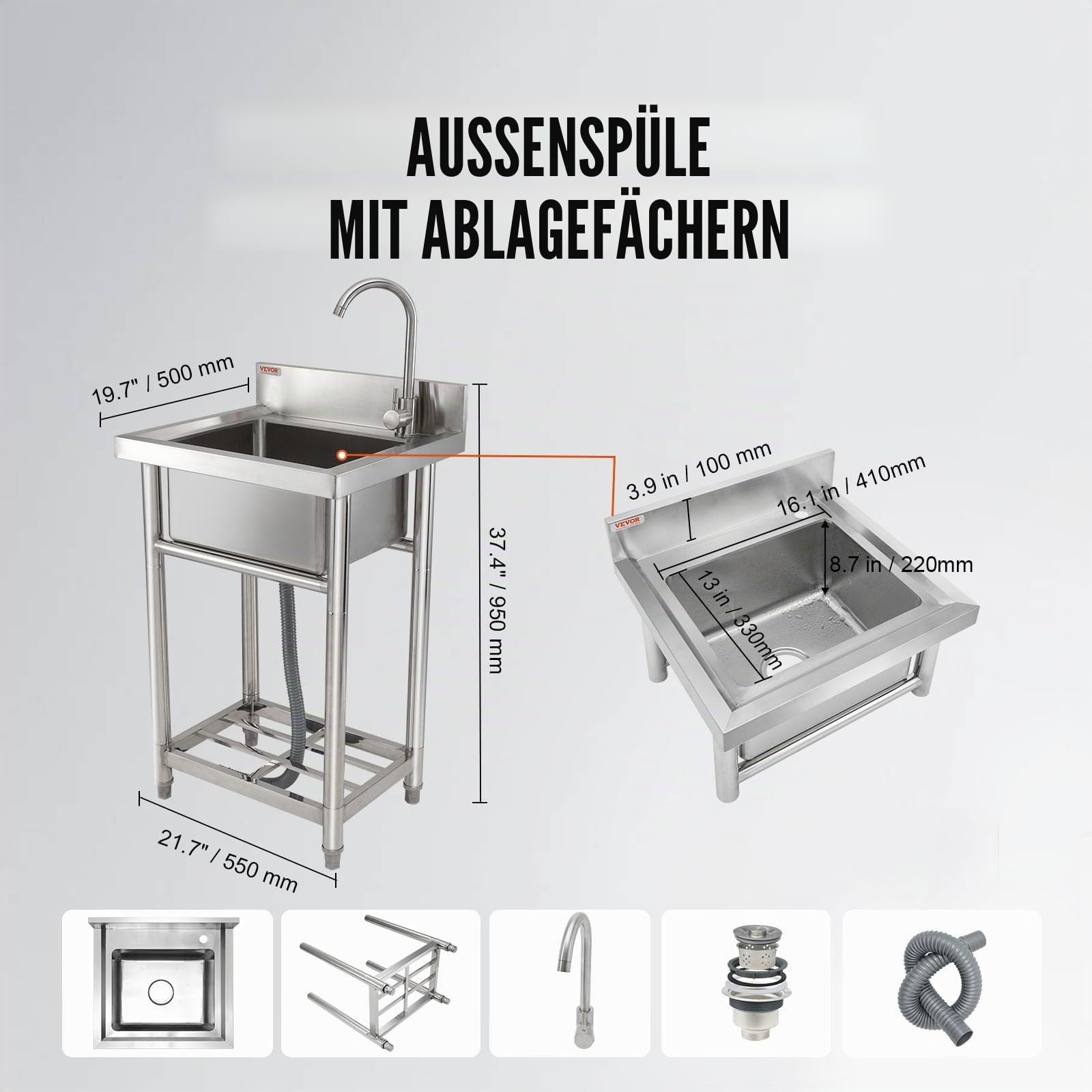 VEVOR Edelstahl-Waschbecken, Freistehendes Waschbecken, inkl. Wasserhahn und Beinen, 41 x 33 x 22 cm Kommerzielle Einzelwaschbecken für Garage, Restaurant, Küche, Gewerbliche Spülbecken