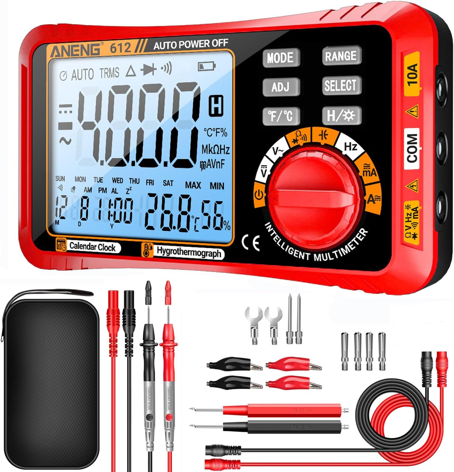 ANENG 612 Tester, Multimeter, 4000 Count, TRMS Voltmeter, Auto Range, AC/DC, NVC, Voltage, Diode, Resistance, Conduction, Capacitance, Temperature (Red)