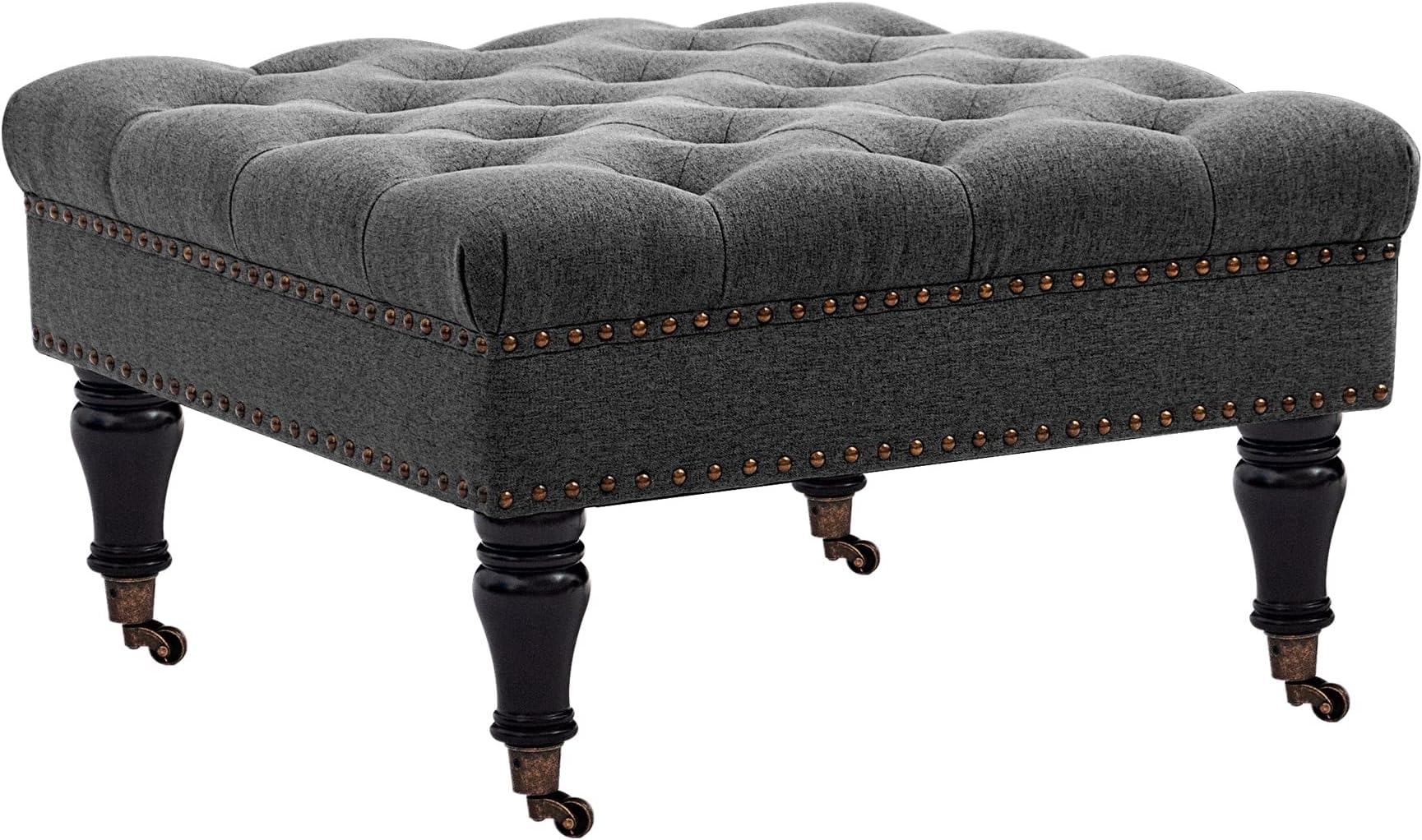 Homestripe Large Square Coffee Table Upholstered Tufted Button Linen Large Square Ottoman, Large Footrest Bench with Caters Rolling Wheels-Charcoal Gray