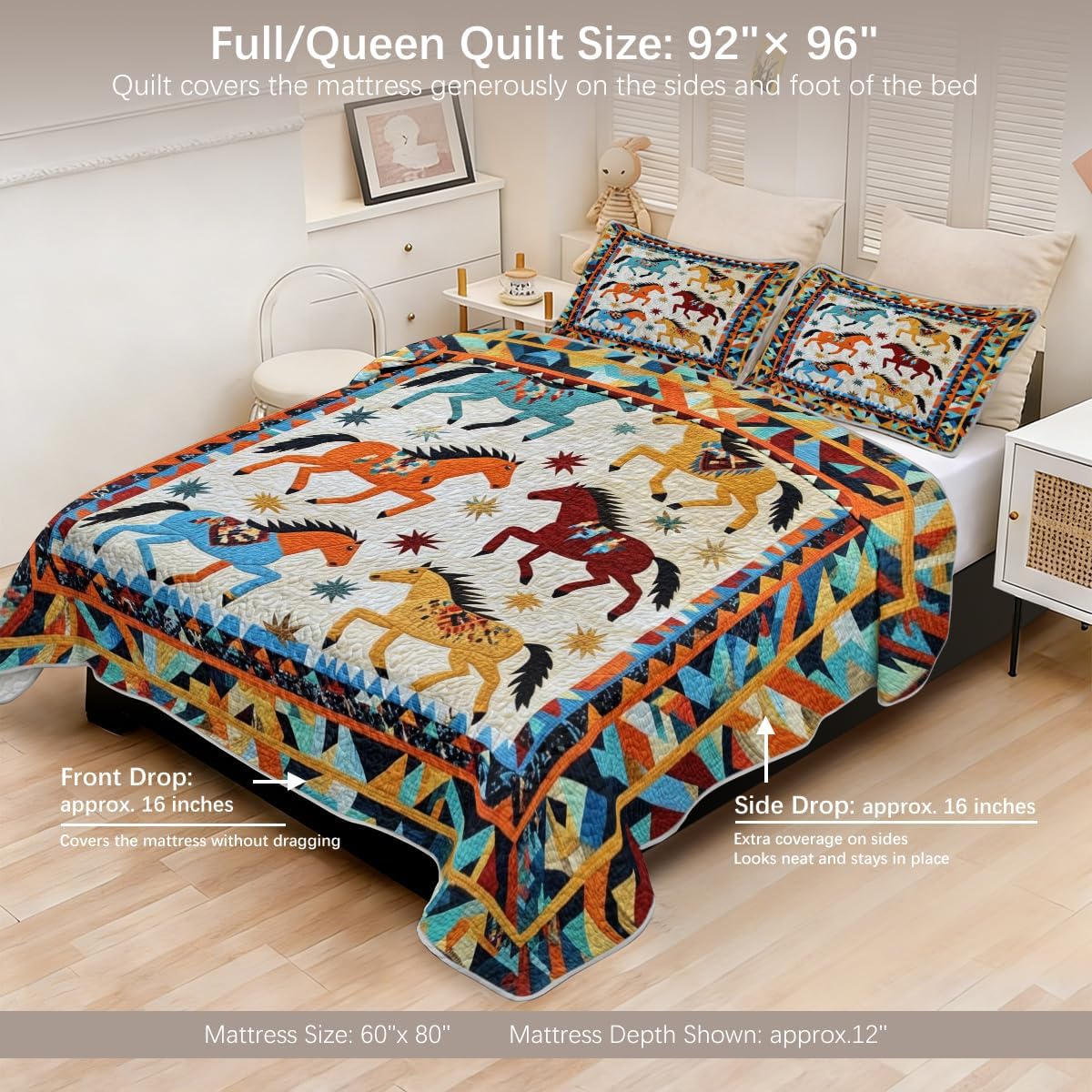 Western Horse Quilt Set Full/Queen Size Southwest Tribal Bedding with Colorful Animal Pattern, Patchwork Microfiber Comforter Set for Kids Room or Rustic Bedroom Decor