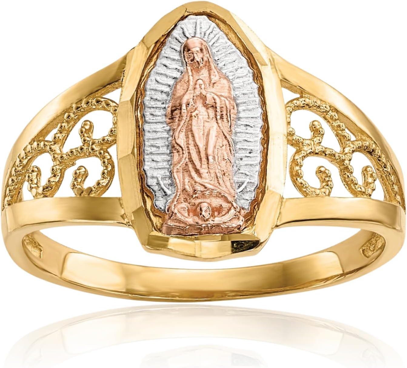IceCarats 14K Solid Two Tone Gold White Our Lady of Guadalupe Virgin Mary Virgencita Maria Rosa Catholic Christian Holy Mother Band Size 6