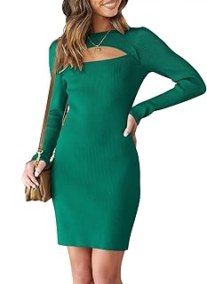 ANRABESS Women's Long Sleeve Round Neck Cutout Chest Ribbed Knit Bodycon Mini Sweater Dress