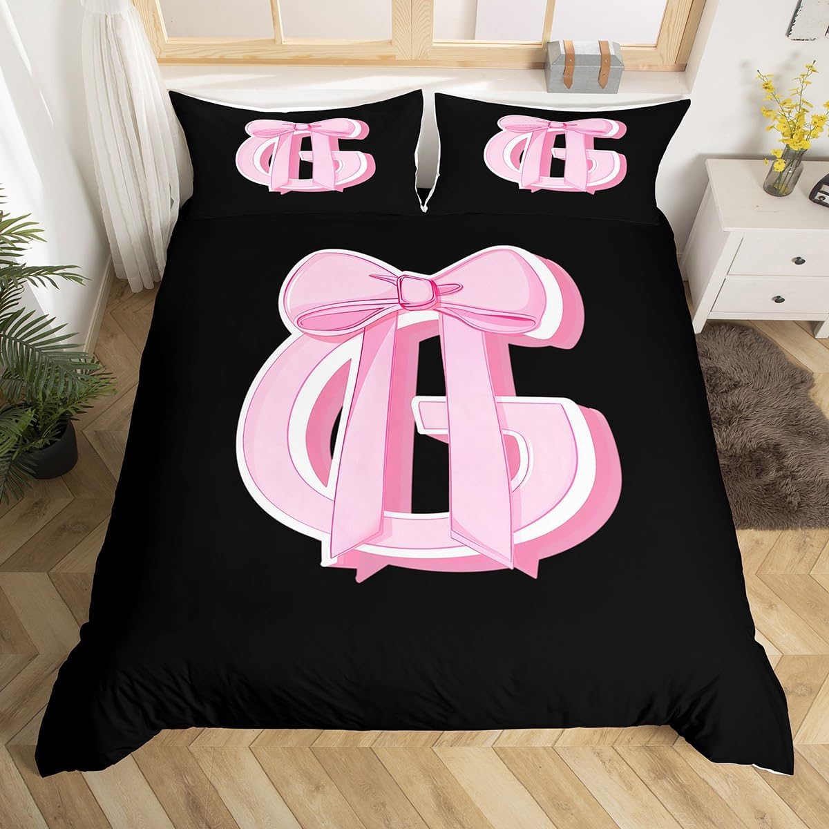 jejeloiu Kids Girls Black Pink Bow Duvet Cover Toddler Size Monogrammed Bedding Set Ultra Soft Personalized Initial G Comforter Cover Modern Fashion Bedspread Cover Bowknot Bedclothes,No Comforter