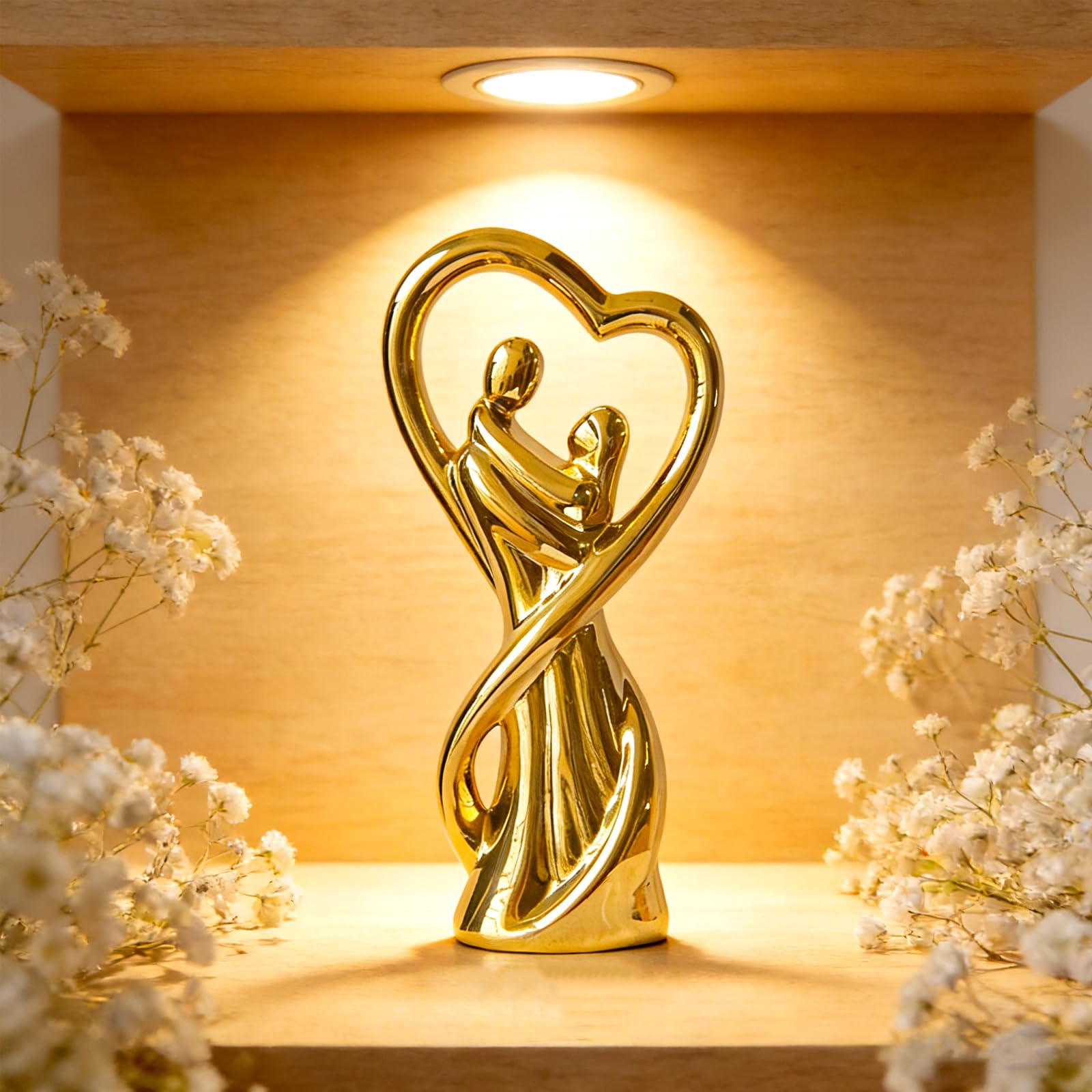 Statues en Porcelaine d'art De Couple Affectueux,Sculpture Peinte à la Main de 32cm de Haut,Statue élégante comme Symbole d'amour et d'affection,Figure décorative Parfaite comme Cadeau (Gold)