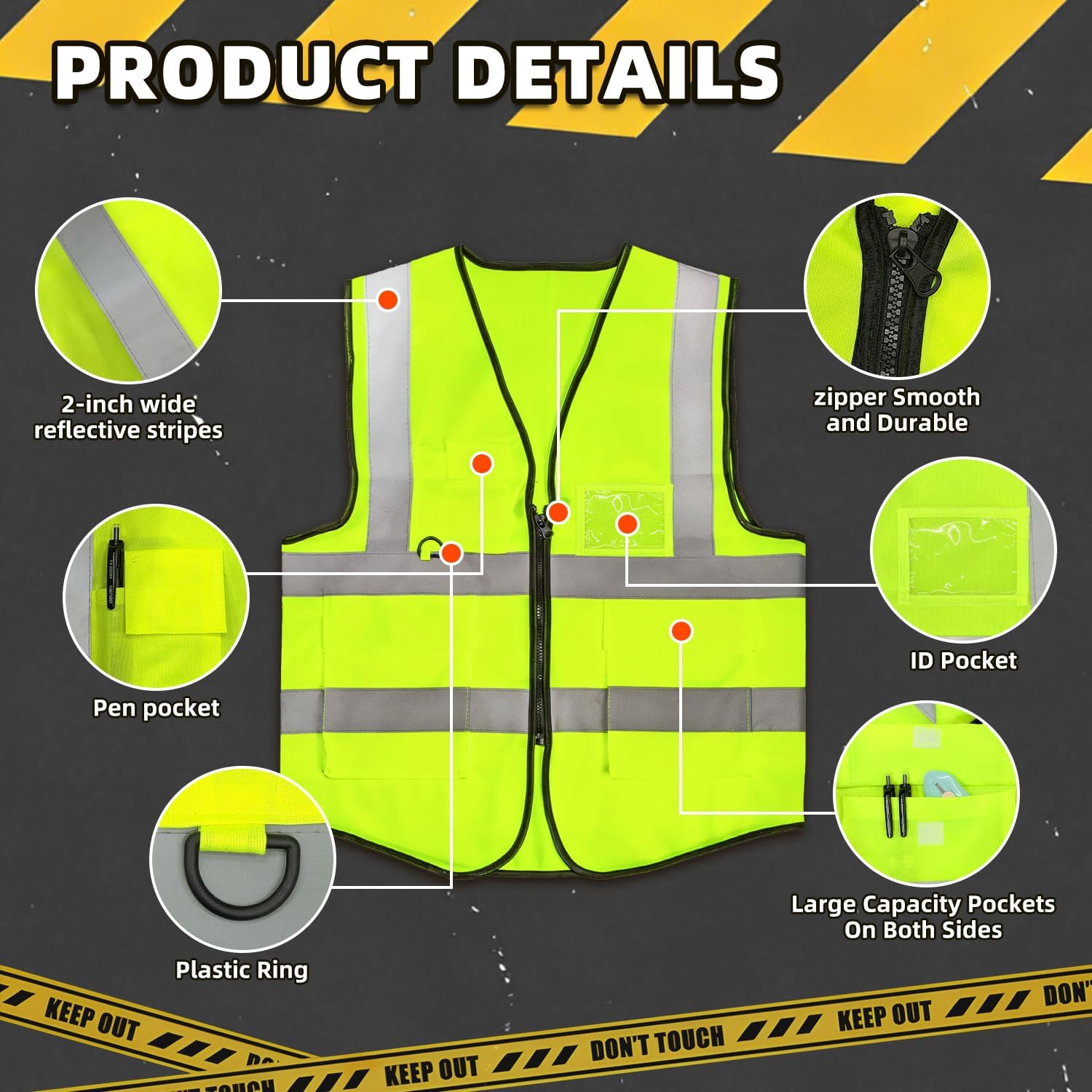GEMLORD 15 Pack Reflective Safety Vests with Pockets and Zipper, High Visibility Work Safety Vest for Men and Women, Fluorescent Green - Image 3