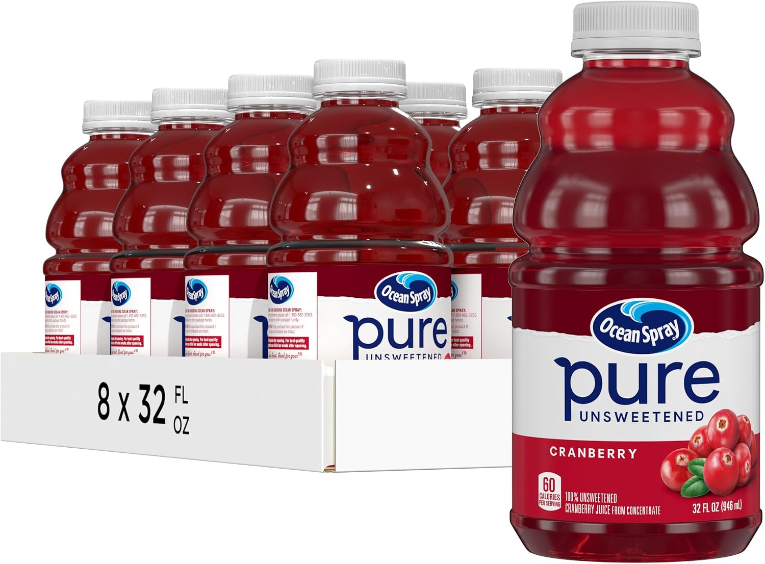 Ocean Spray® Pure Unsweetened Cranberry, 100% Cranberry Juice From Concentrate, 32 Fl Oz Bottle (Pack of 8)