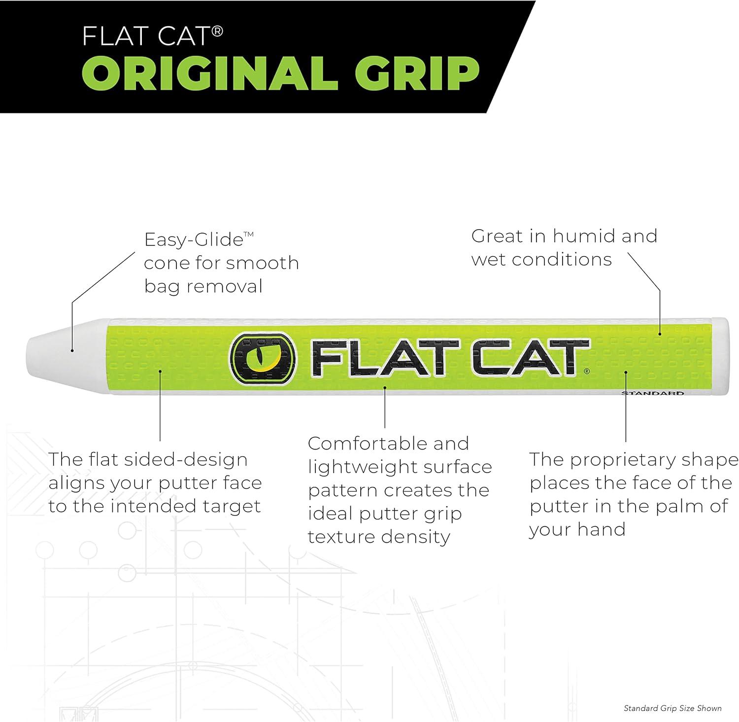 FLAT CAT Original Svelte Golf Putter Grips – 1.68" H x 1.26" W x 12.2" L, 1.23” Diameter, Lightweight 50g – Improve Putting Consistency and Accuracy