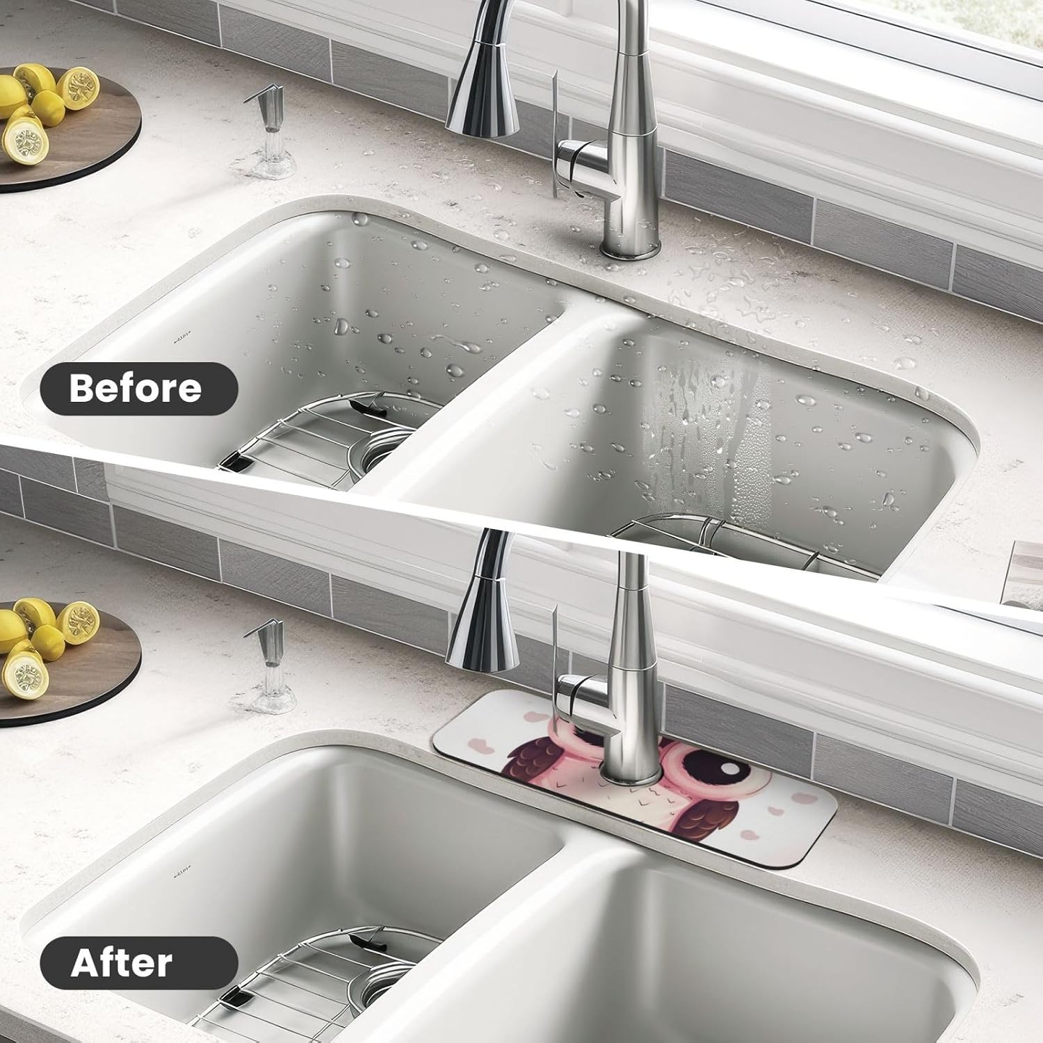 Cute Owl Splash Guard Mat For Kitchen Sink, Super Absorbent Fast Drying Faucet Mat Draining Mat Sink Gadgets Behind Faucet Sinkmat For Kitchen And Bathroom 15"X5.5" image 4