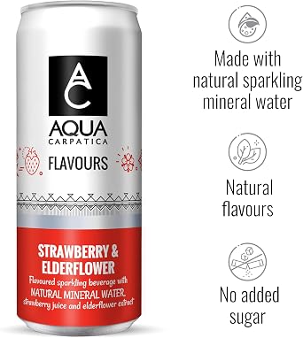 AQUA Carpatica Sparkling Flavours Strawberry & Elderflower 330ml x 4 - Natural Fruit Juice Infused Sparkling Water, Naturally Alkaline, Sweetened with Agave Syrup, Rich in Minerals
