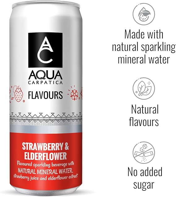 AQUA Carpatica Sparkling Flavours Strawberry & Elderflower 330ml x 4 - Natural Fruit Juice Infused Sparkling Water, Naturally Alkaline, Sweetened with Agave Syrup, Rich in Minerals