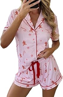 Women 2024 Christmas Pajamas Set Cute Graphic Short Sleeve Button Down Shirt + Shorts 2 Piece Sleepwear Loungewear