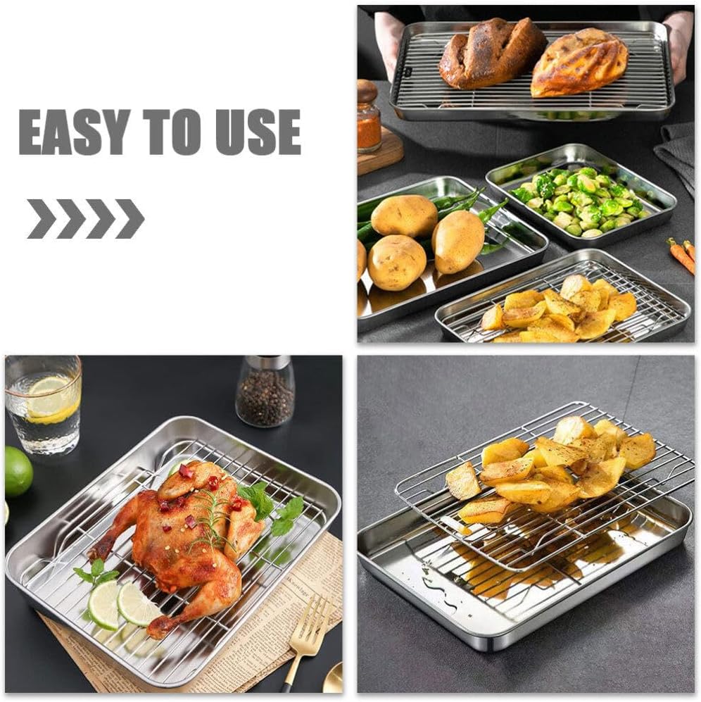 Kichvoe 2sets Stainless Steel Baking Pan with Wire Rack Baking Tray and Cooling Rack for Oven Cooking for Cookies Cakes and Bread and Easy to Store