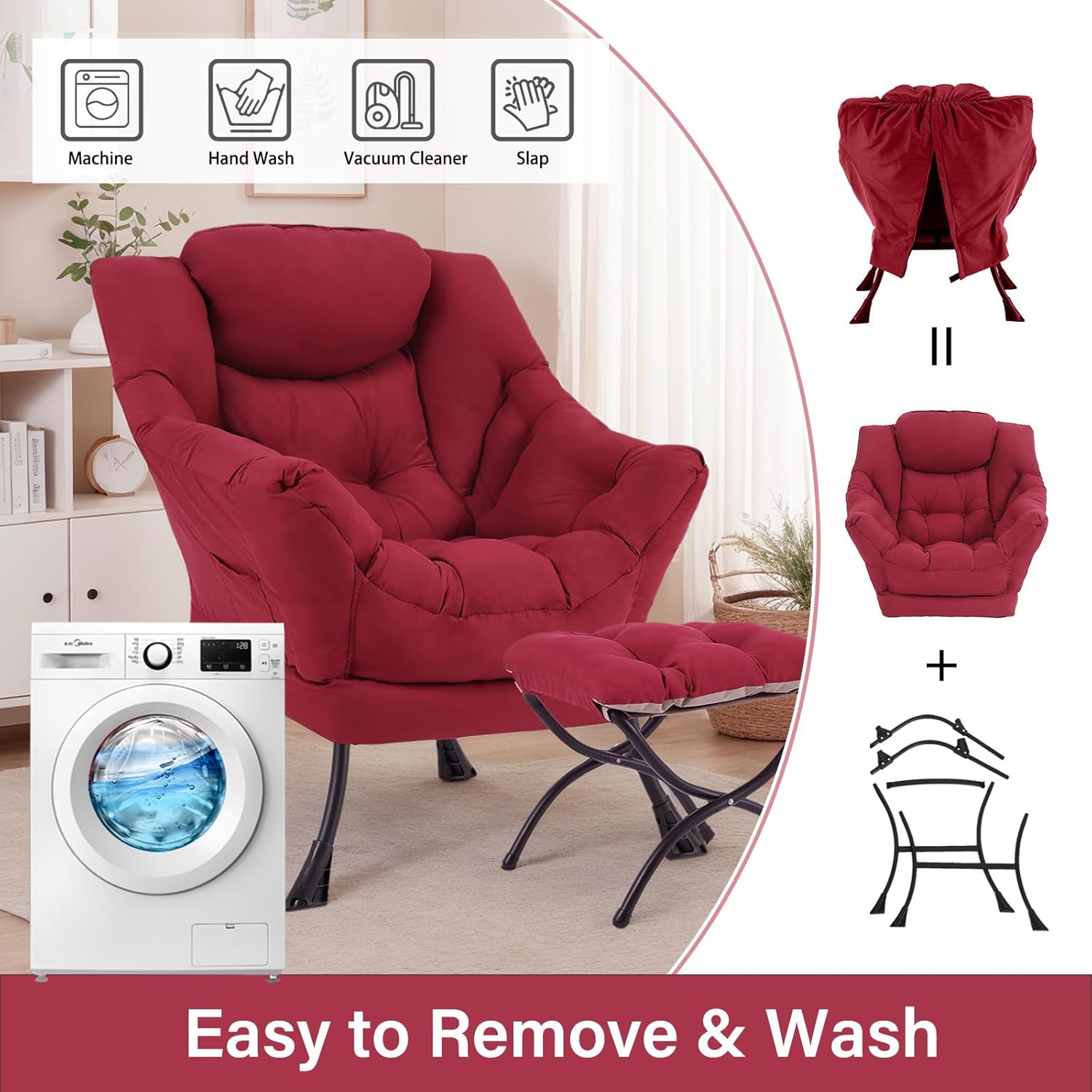 Lazy Chair with Ottoman, Large Burgundy Accent Chair with Ottoman, Comfy Reading Armchair, Leisure Sofa Chair for Living Room, Bedroom, Dorm Room, Office