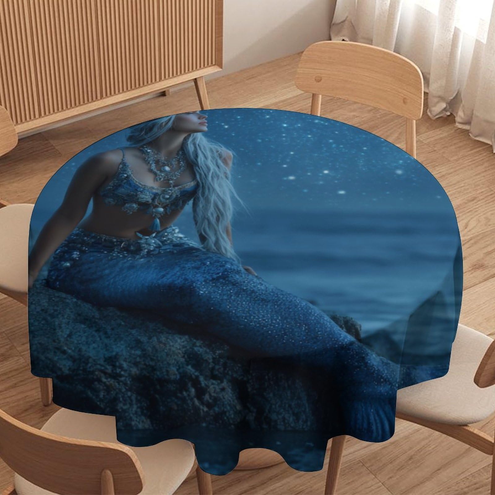 LUYYSKY Modern Nautical Beautiful Mermaid Waterproof Round Tablecloth Retro Watercolor Full Moon Starry Sky Beach Pattern Washable Table Cover for Kitchen-177.8" Wx177.8 L cm