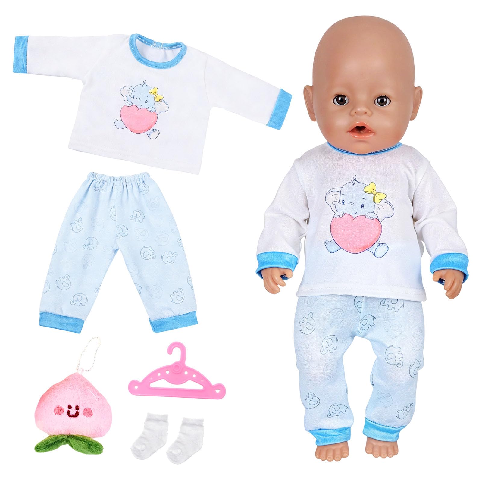 Baby Doll Clothes, Elephant Clothes Set for 14-18Inch Baby Dolls with Top Printed Pants Hangers Socks Plush Ornaments Cute Pajamas New Born Baby Doll Accessories 30-45cm Gifts for Kids Girls