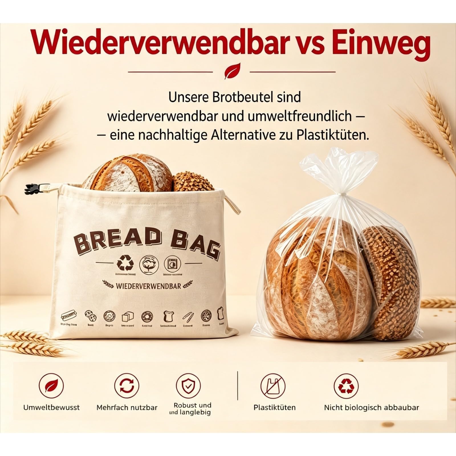 Bienenwachsbeutel, Wiederverwendbare Brotbeutel Aus Baumwolle, Zur Frischhaltung Von Brot Und Backwaren (Weiß,2pcs)