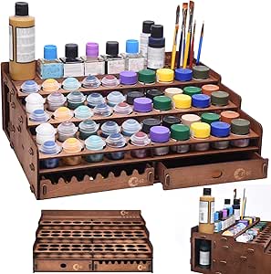 OPHIR Paint Organizer, Wooden Miniature Paint Rack with 50 Holes, Includes 1 Painting Brush Holder with 24 Slots, 1 Drawer, 25 Brush Holes
