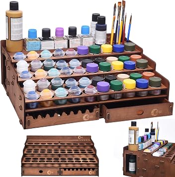 OPHIR Wooden Paint Holder Rack, 50 Holes Dia.1.42 Inches, Painting Brush Holder with 24 Slots, 1 Drawer, 25 Brush Holes, Miniature Paint Storage, Walnut-Toned Finish