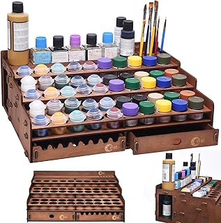 OPHIR Paint Holder, Wooden Paint Rack with 50 Holes, Includes Painting Brush Holder with 24 Slots, 1 Drawer, 25 Brush Holes