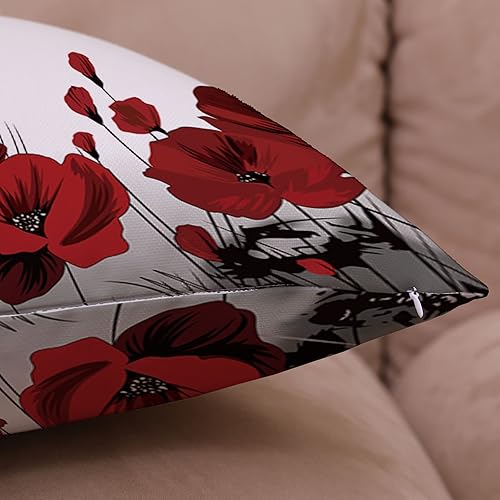 Miniatura 4 de Juego de 4 fundas de almohada florales de amapola de 20 x 20 pulgadas, diseño de plantas de flores negras y rojas, retro, encantadoras, de verano,
