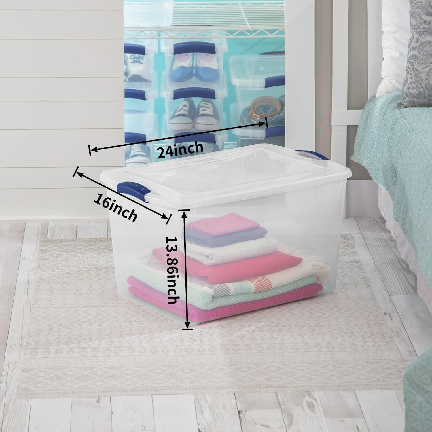 Large 66 Quart Storage Bins with Latching Lids (4 Pack), Clear Plastic Storage Containers for Garage Organization, Holiday Decor & Closet, Stackable, Heavy Duty, 24" L x 16" W x 13-7/8"H