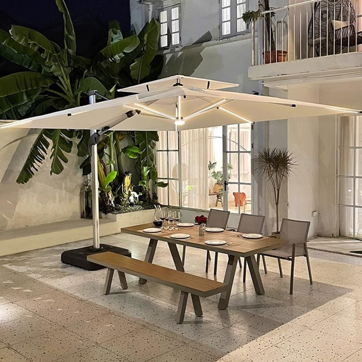 3,5m x 3,5m Sombrilla grande for patio Parasol Excentrico Sombrilla Descentralizada Giratorio 360º con 32 Luces LED Energía Solar for Terraza Piscina Patio