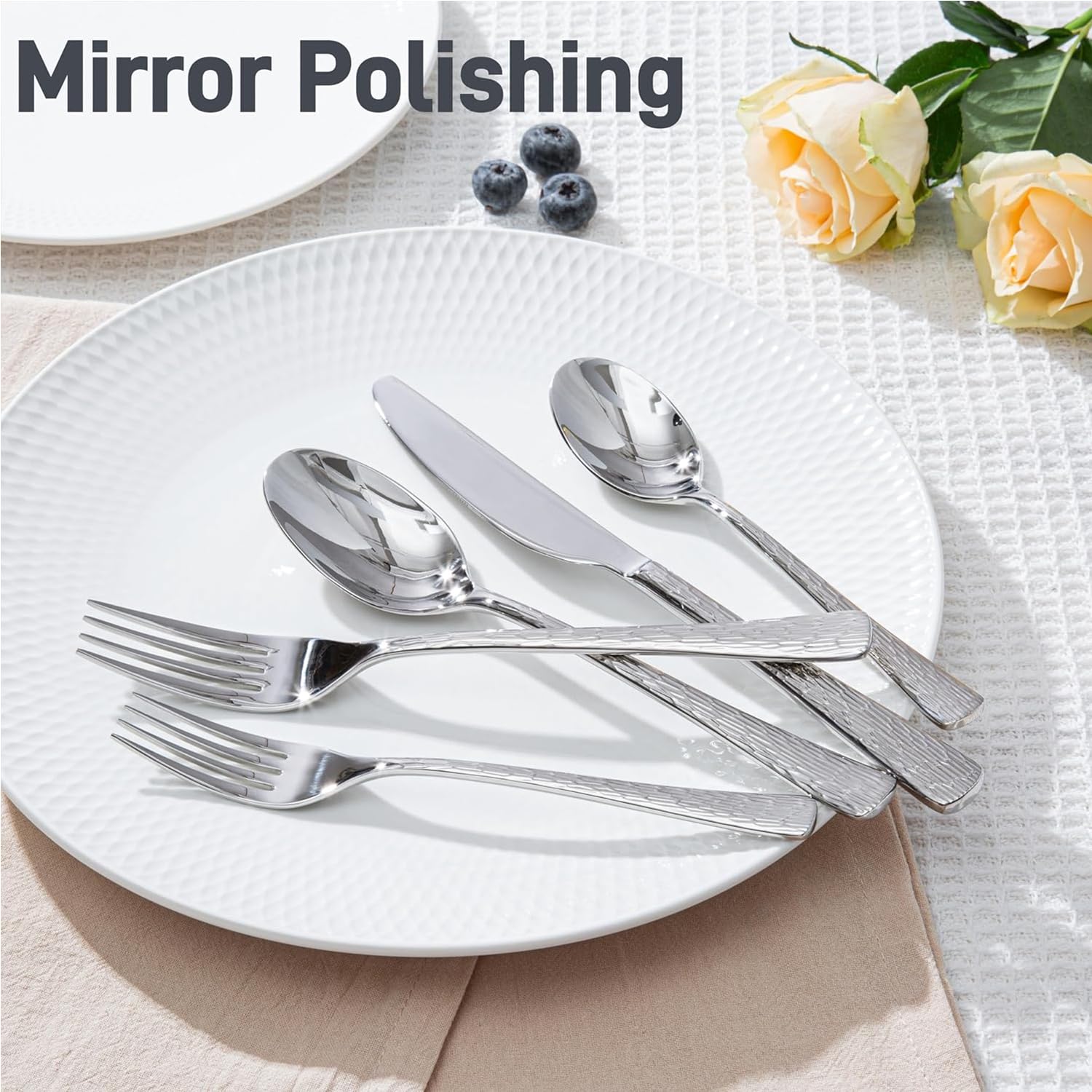 HIKAA Besteck Set 12 Personen, 60-Teiliges Gehämmert Essbesteck, 18/10 Premium Edelstahl Besteckset mit Einzigartigem Wellenmuster-Design, Cutlery Set Hochglanzpoliert – Spülmaschinenfest (Silber)