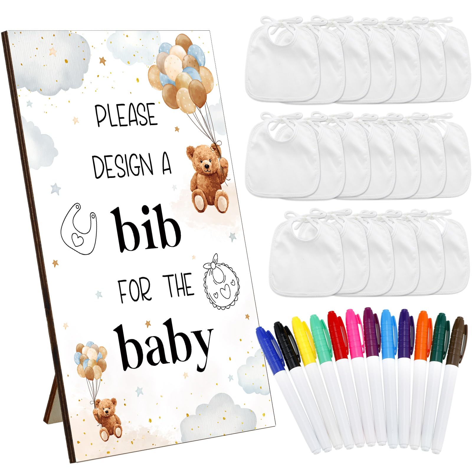Panitay 43 Pcs Baby Shower Games White Bibs Design, Include Wooden Baby Shower Game Sign, 30 DIY Blank White Bibs, 12 Markers for Gender Reveal Party