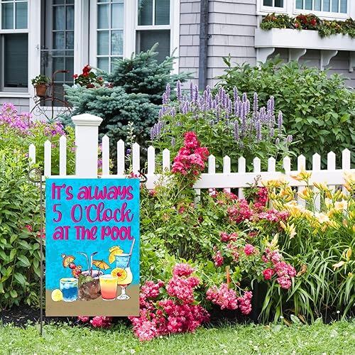 Miniatura 4 de Bandera de jardín de piscina de verano de 12 x 18 pulgadas, doble cara con texto en inglés "It's Always 5 O'clock at The Pool", banderas decorativas