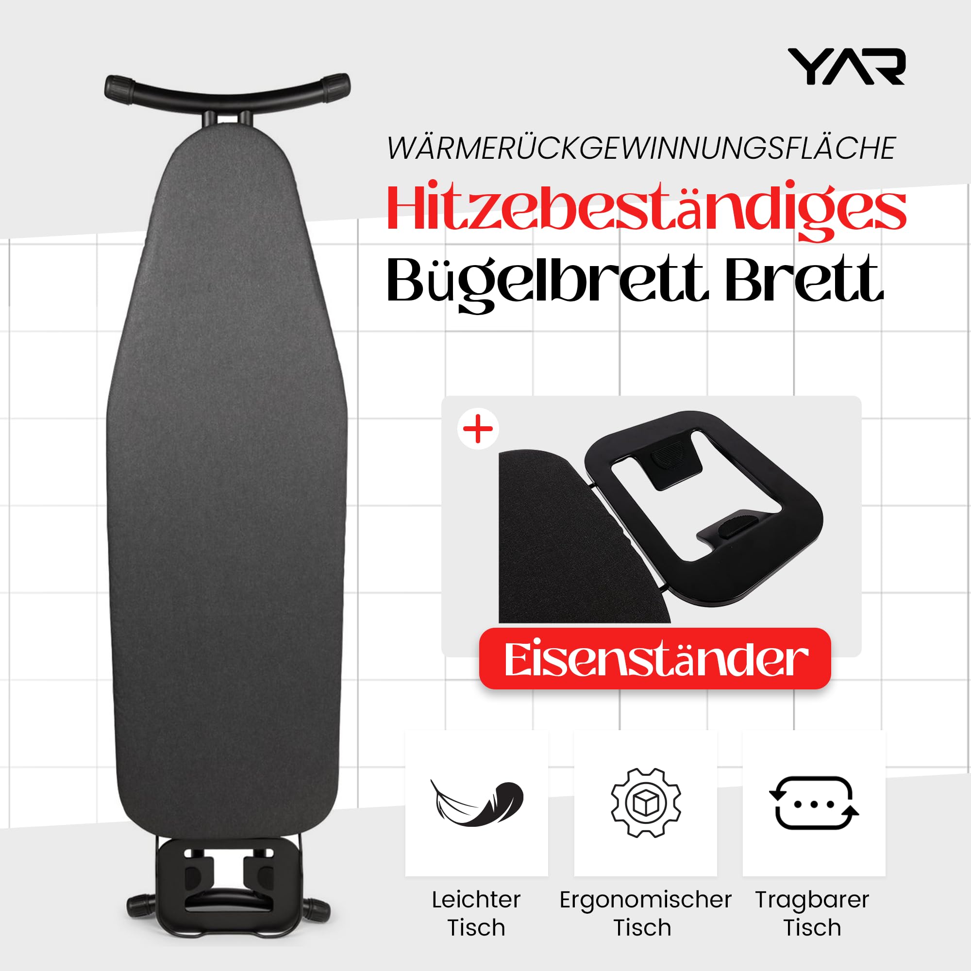 YAR Bügelbrett - Klappständer Bügeltisch für Bügelstation mit Bügeleisenablage, Höhenverstellung, Leicht & Stabil, platzsparend Ironing Board geeignet für Dampfbügelstation, 120x40 cm