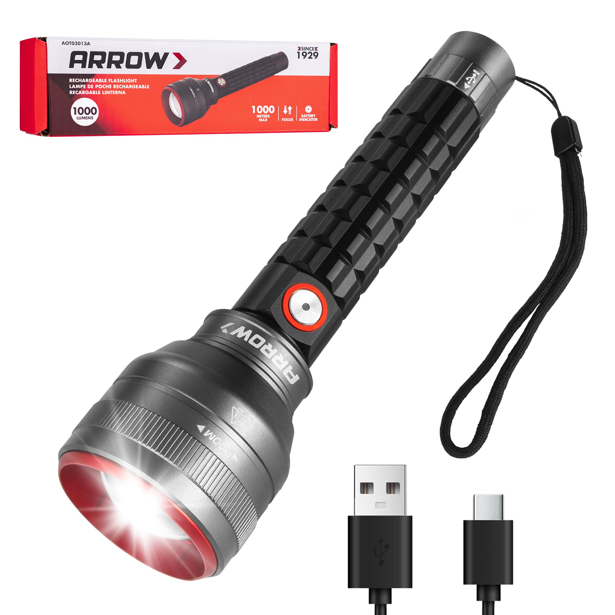 Arrow Rechargeable Flashlights 1000 Lumens Long Range 3280 FT, Bright LED Flashlight with Memory Function, Zoomable Flash Light with 4600mAh Battery,