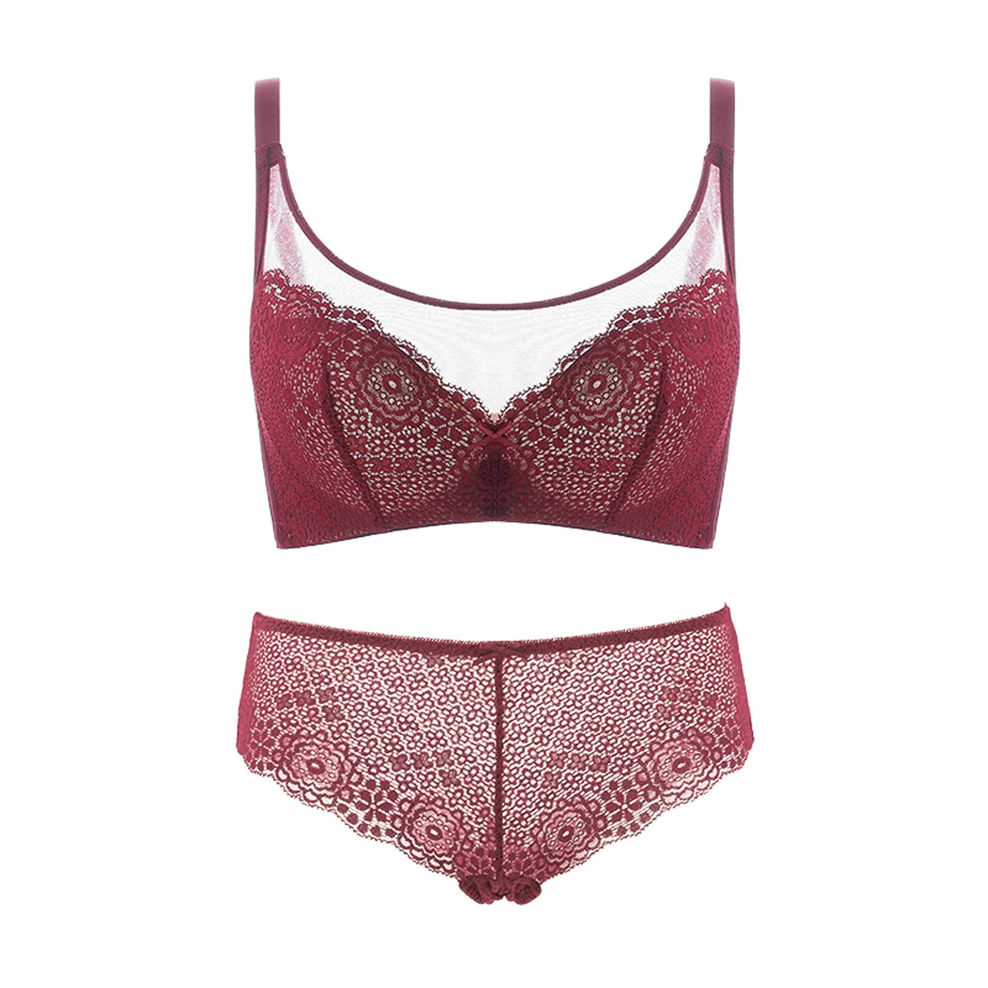 WENJUN Conjunto de sujetador y bragas para mujer, cobertura completa con aros, latón sin acolchado, talla grande, ver malla sexy para todos los días (color rojo, tamaño: 80D)