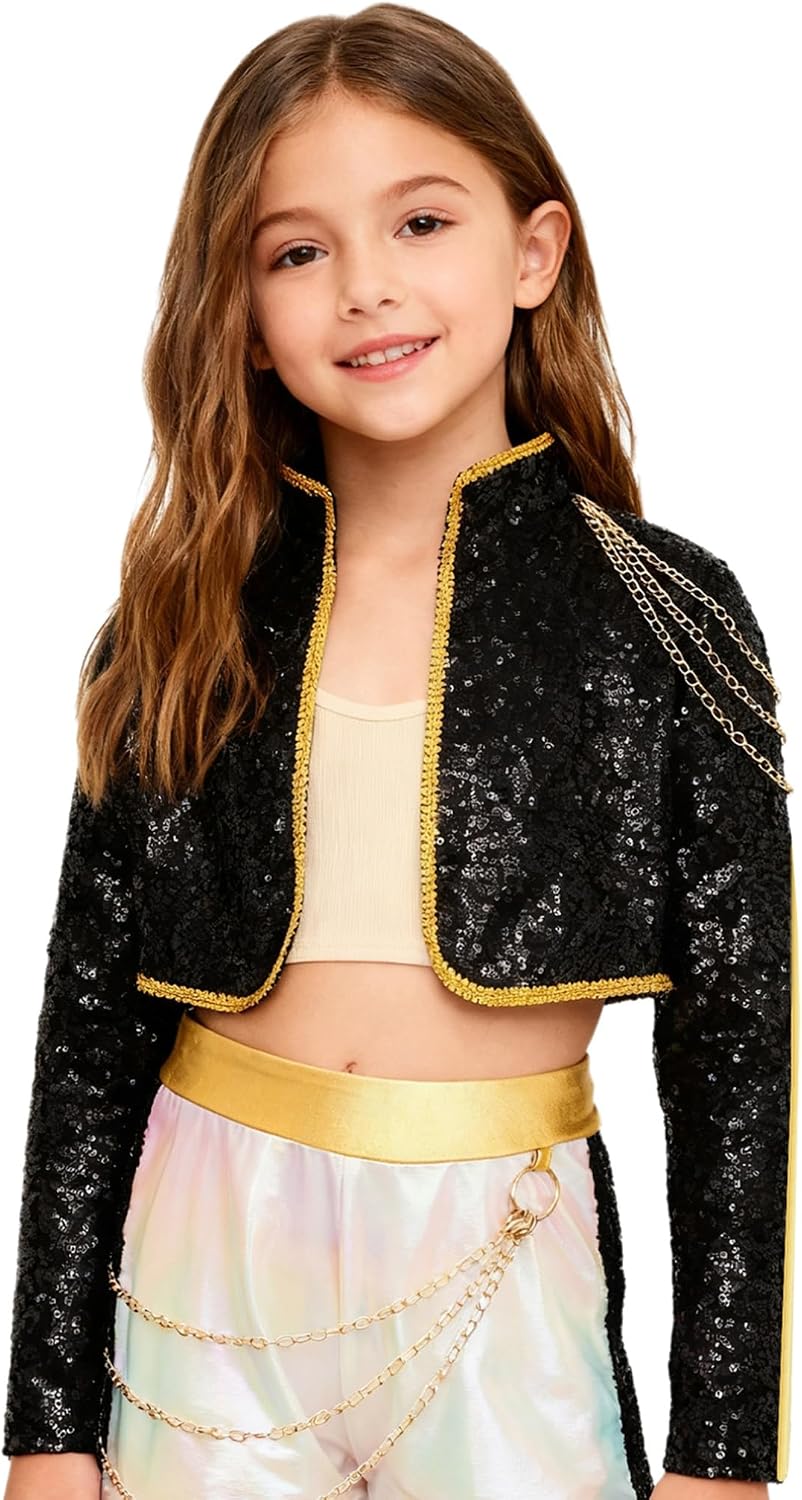 ranrann Kids Girl Popular Singers Stage Jacket Mock Neck Open Front Sequin Dance Top for Ages 4-16 Music Concert Outfits