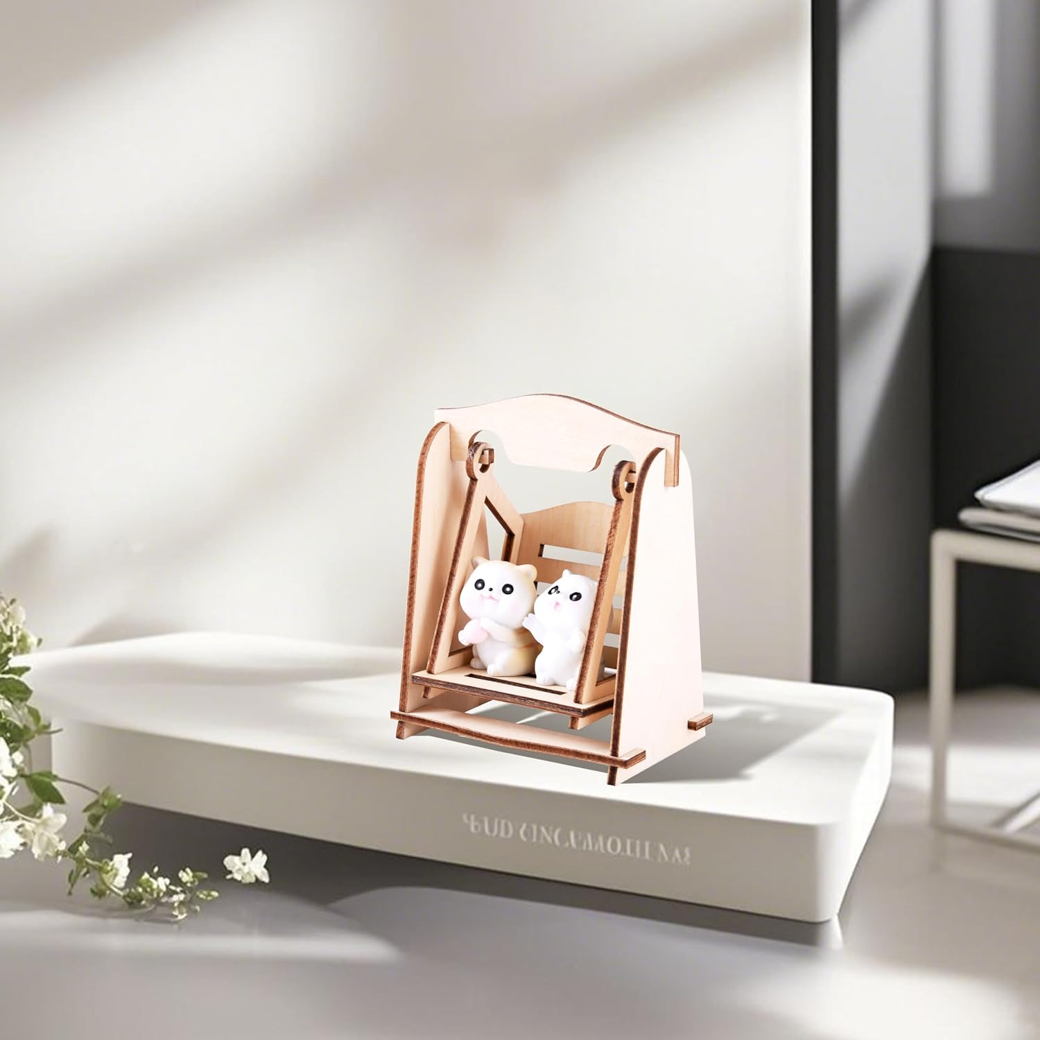 Miniature Cat Figurine with DIY Swing - Funny Sculpture for Shelf, Cute Statue, Desk Decor, Home & Office Decoration, Fairy Garden Ornaments, Small Gift for Cat Lovers image 3