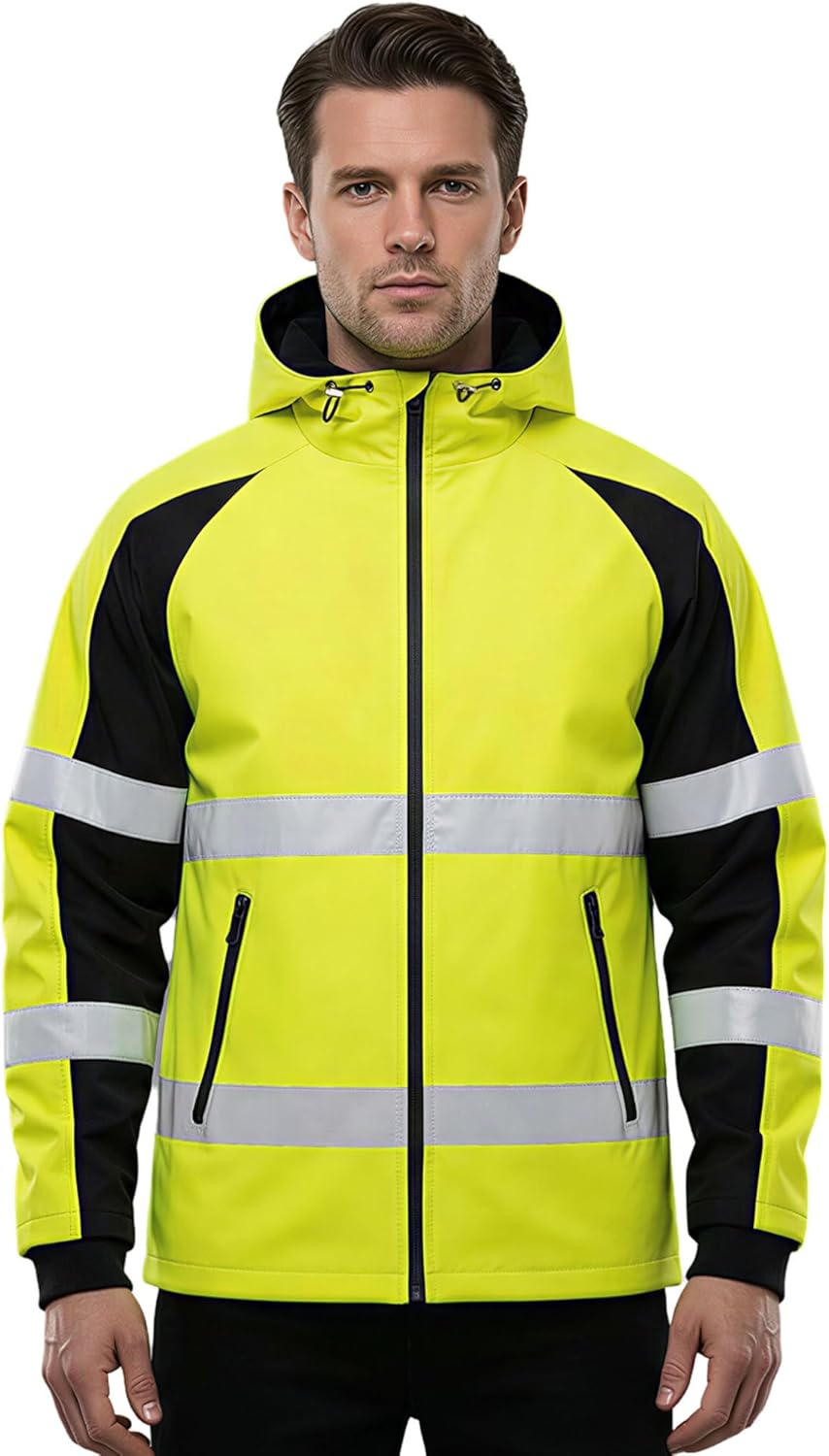 TiaoBug Mens Reflective Work Hooded Jacket Color Block Zipper High Visibility Hoodie Cycling Safety Coat Police