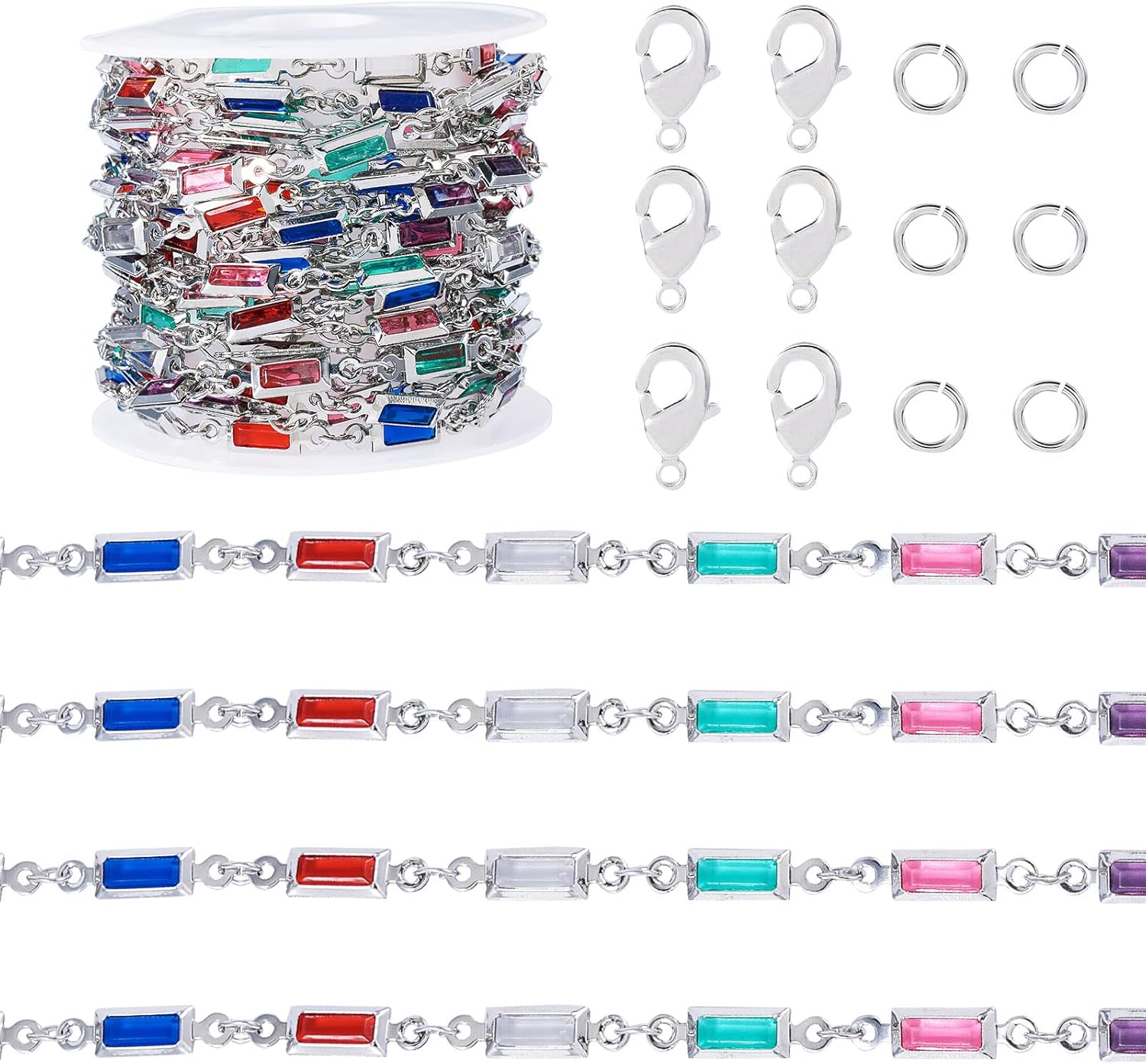 Pandahall 9.84 Feet Rectangle Rhinestone Chains Colorful Glass Crystal Platinum Chains Handmade Crystal Link Chains with Jewelry Clasps for Bracelet Necklace Jewelry Making