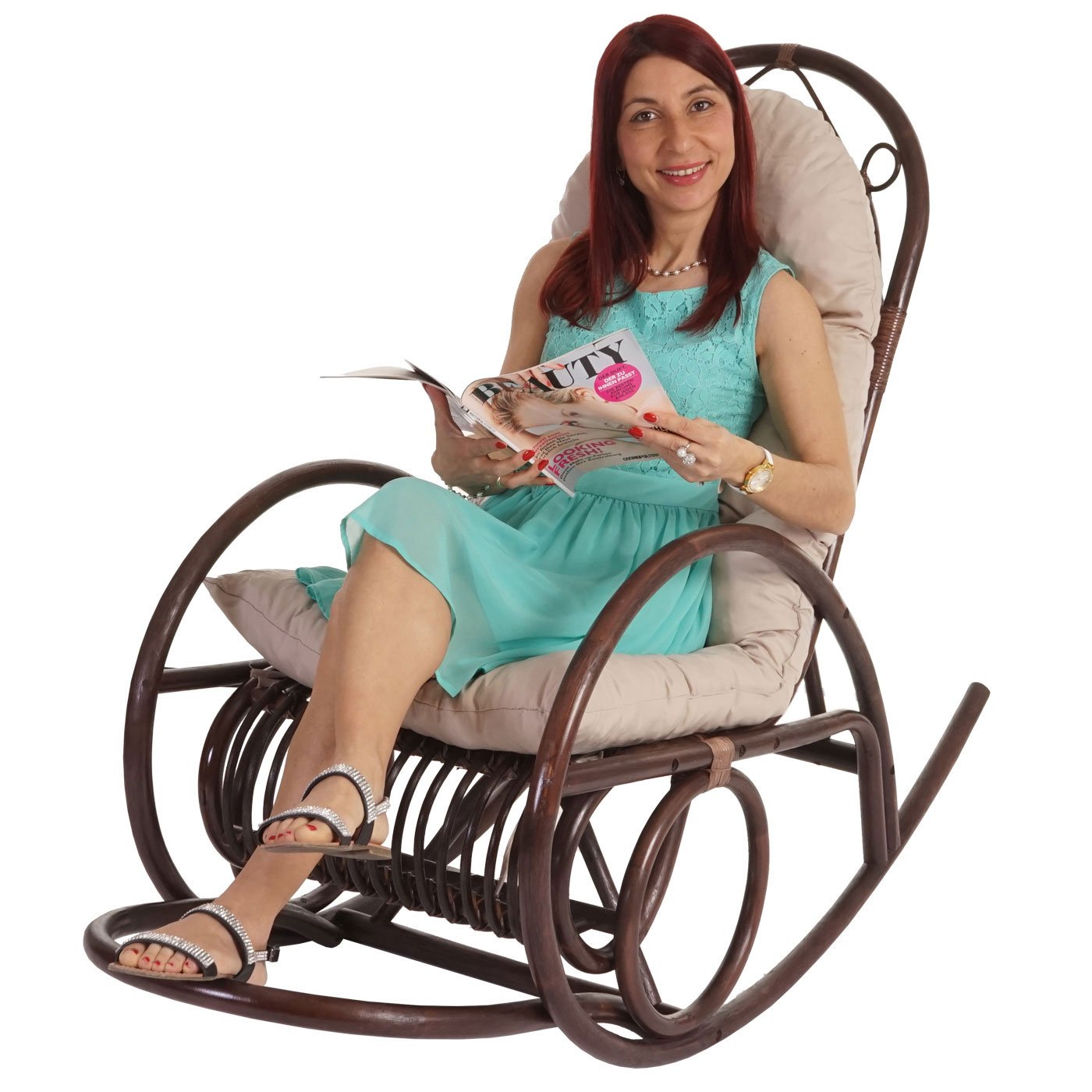 Schaukelstuhl HWC-C40, Schwingsessel Rattansessel, braun - Auflage creme